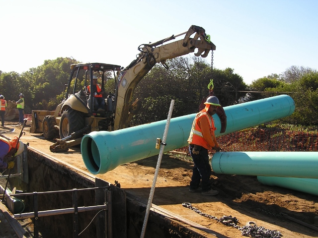 Construction crews working on the main pipeline that goes to Encina Wastewater.